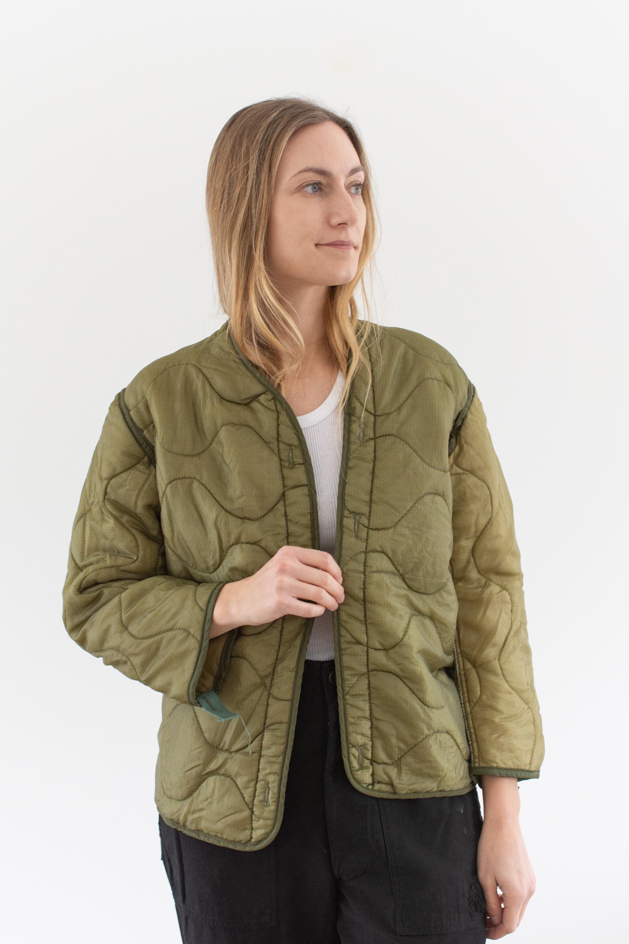 Vintage Green Liner Jacket | Unisex Wavy Quilted Nylon Coat