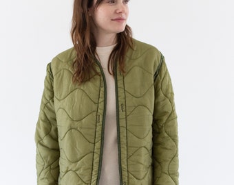 Vintage Celery Green Liner Jacket | Unisex Wavy Quilted Nylon Coat | S | LI255