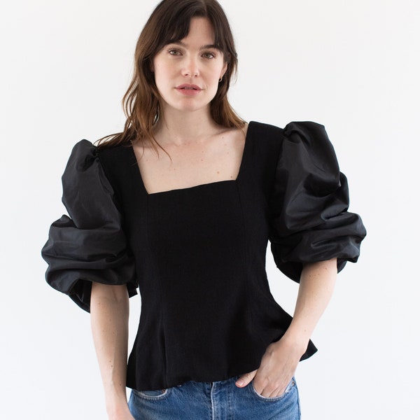 Vintage Black Puff Sleeve Square Neck Shirt | 80s 90s Arthur Doucette Romantic Taffeta Wool Blouse Neiman Marcus | XS S |