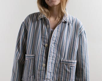 Vintage Gray Blue Flannel Striped Crop Shirt Jacket | Unisex Stripe Cotton Pajama Chore | European Holiday Market L SCJ025