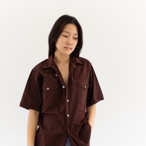 Vintage Overdye Hickory Brown Short Sleeve Shirt Flap Pocket Simple Cotton Work Blouse XS S image 2