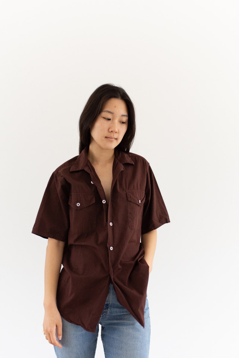 Vintage Overdye Hickory Brown Short Sleeve Shirt Flap Pocket Simple Cotton Work Blouse XS S image 2