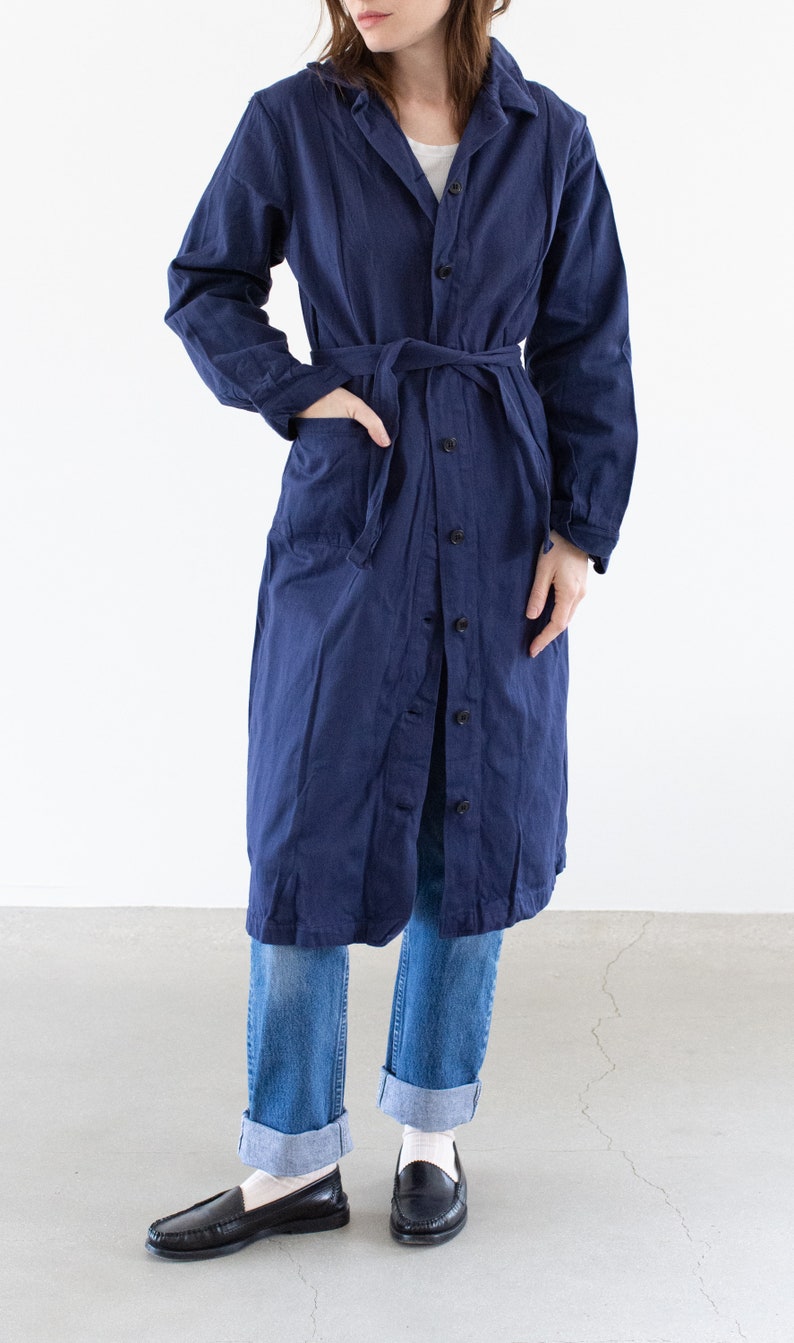 Vintage Navy Blue Trench Coat Unisex Belted Duster Jacket Made in Italy M image 2