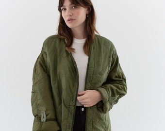 Vintage Green Liner Jacket | Unisex Wavy Quilted Nylon Coat | L | LI193