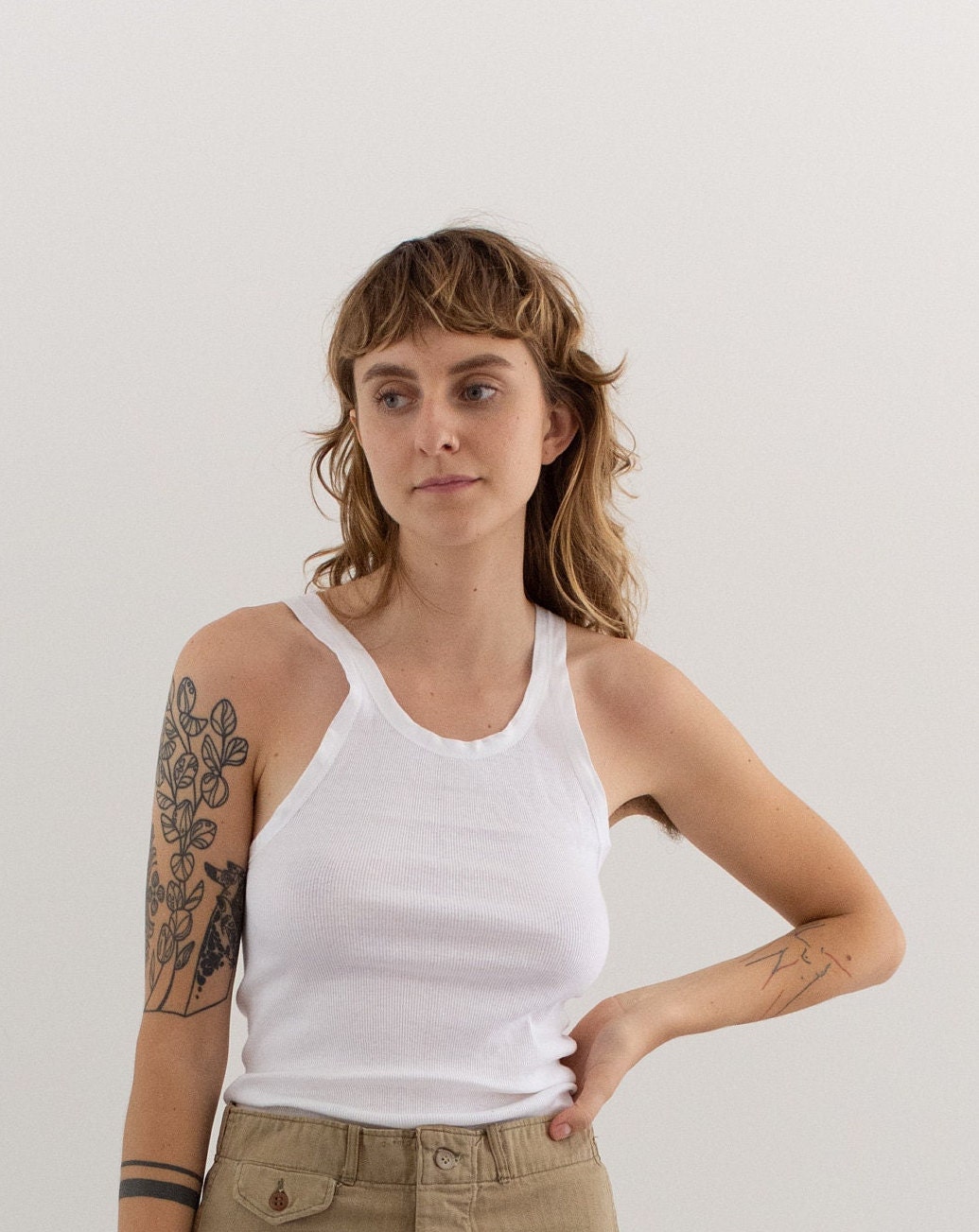 Vintage White Rib Knit Tank: 100% Cotton Undershirt (XS/S