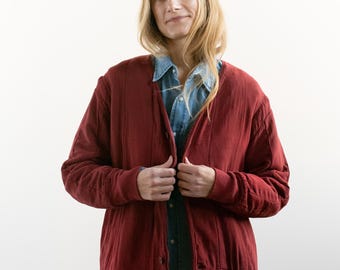 Vintage Overdye Heirloom Tomato Red Cotton Quilt Jacket | Unisex Irregular Tie Dye V Neck Quilted Puffer | S M L | RJ09