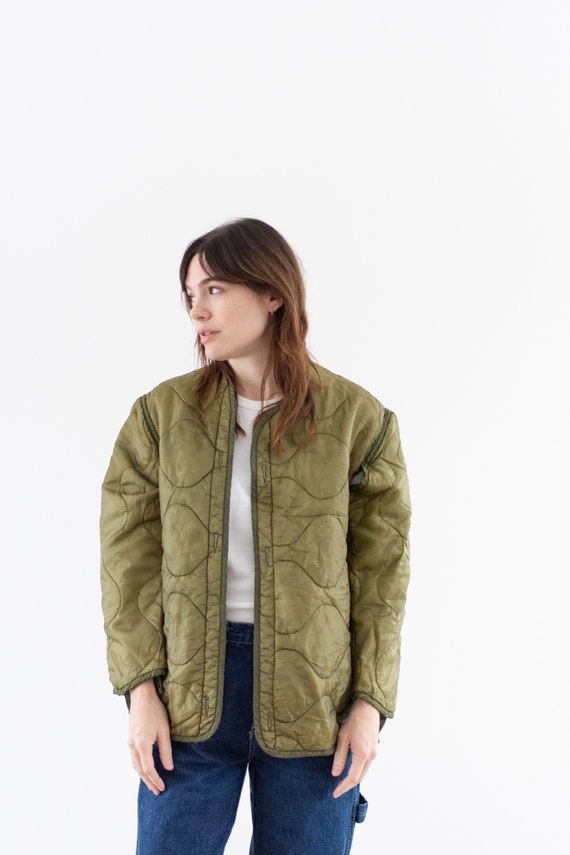 Vintage Green Liner Jacket | Unisex Wavy Quilted Nylon Coat
