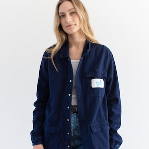 Vintage Rich Navy Blue Moleskin Chore Coat | Unisex Snap Cotton Utility Work Jacket | Made in Europe | S M | J011