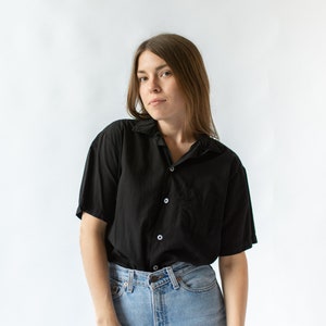 Vintage Black Short Sleeve Loop Collar Shirt Simple Overdye Cotton Work Blouse XS S M XL image 1