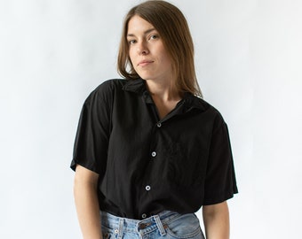 Vintage Black Short Sleeve Loop Collar Shirt | Simple Overdye Cotton Work Blouse | XS S M XL |