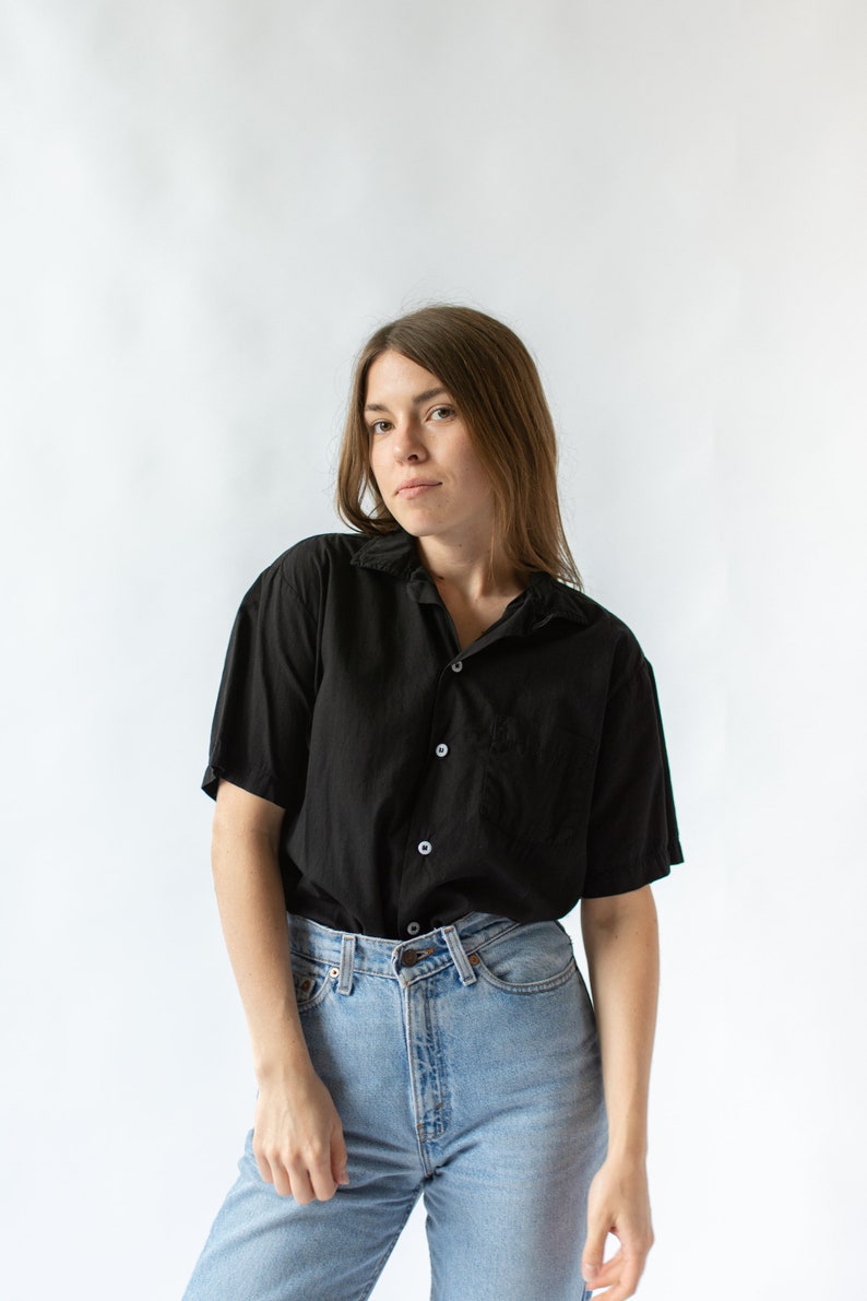 Vintage Black Short Sleeve Loop Collar Shirt Simple Overdye Cotton Work Blouse XS S M XL image 1