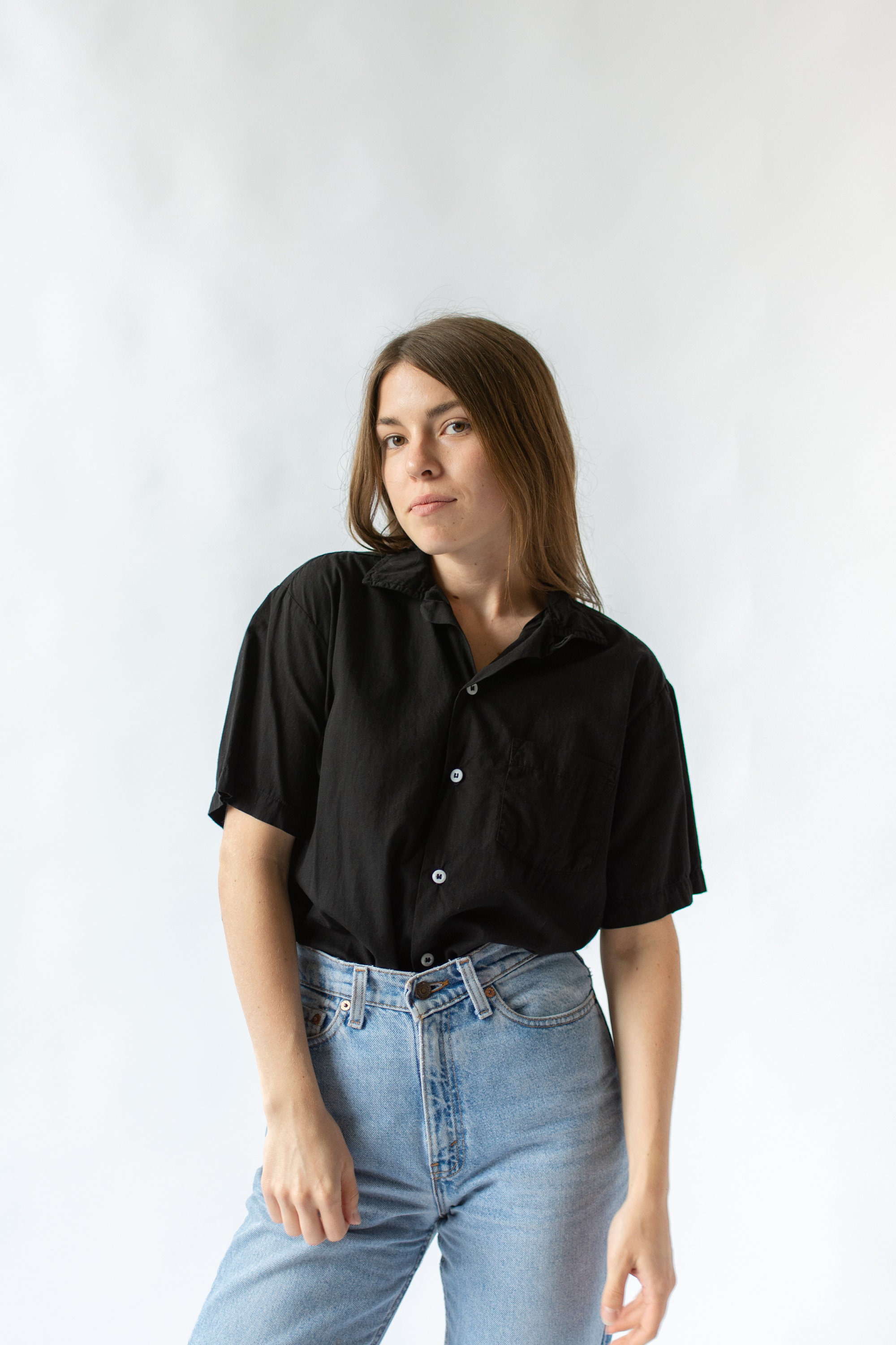 Vintage Black Short Sleeve Loop Collar Shirt | Simple Overdye