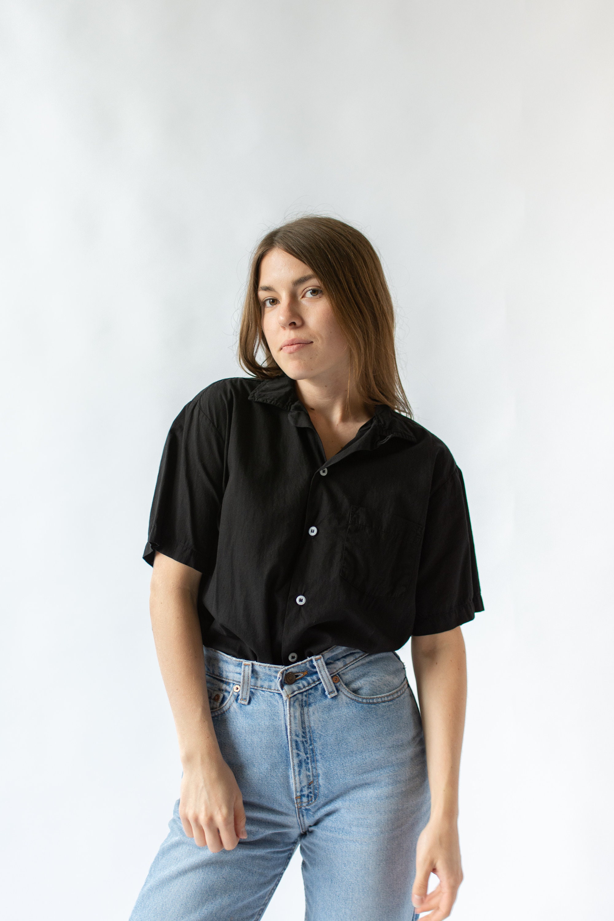 Vintage Black Short Sleeve Loop Collar Shirt Simple Overdye 