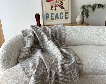 Vintage Cream Grey Patterned Throw Blanket | Cotton Blend Checkerboard Coverlet | 60" x 80" | BL033