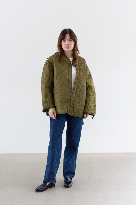 Vintage Green Liner Jacket Unisex Wavy Quilted Nylon Coat L XL LI230 Etsy