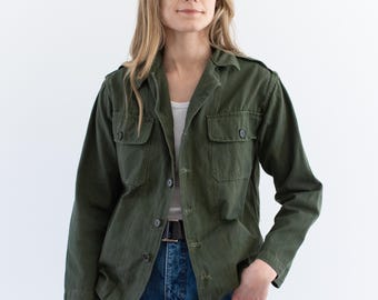 Vintage Sage Green Herringbone Twill Army Jacket | Unisex HBT Painter Cotton Button Up | S | HBT6