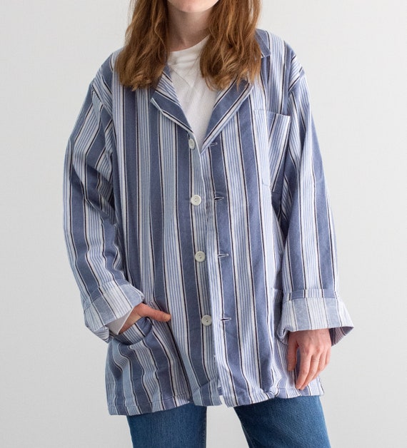 Vintage Blue White Striped Shirt Jacket | Unisex … - image 3