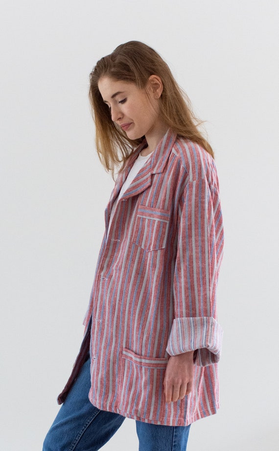 Vintage Red Blue Striped Shirt Jacket | Unisex Fl… - image 7