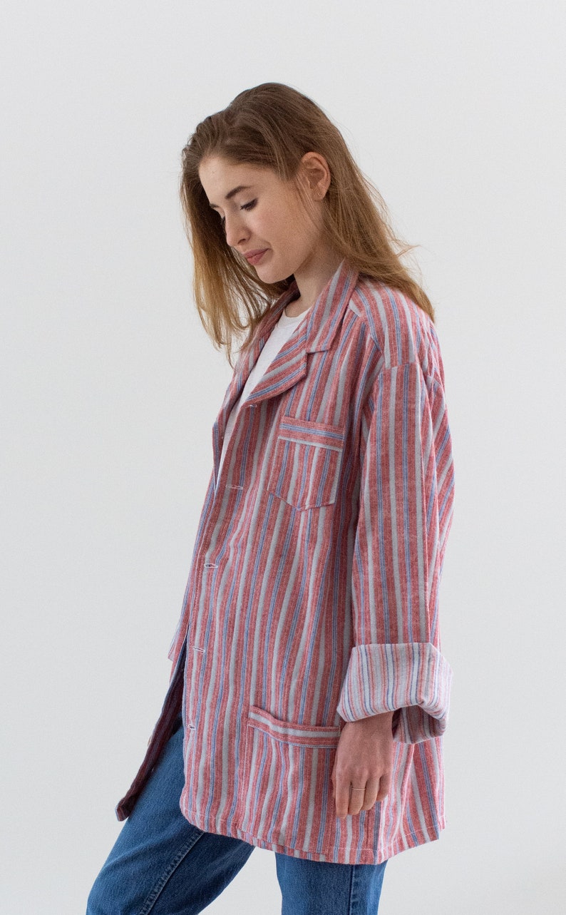 Vintage Red Blue Striped Shirt Jacket Unisex Flannel Stripe Cotton Pajama Chore shirt M L SJ010 image 7