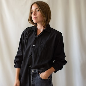 Vintage Black Long Sleeve Loop Collar Shirt | Simple Blouse | 100% Cotton Work Shirt | XS S M XL