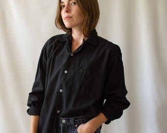 Vintage Black Long Sleeve Loop Collar Shirt | Simple Blouse | 100% Cotton Work Shirt | XS S M XL