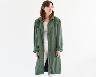 Vintage Eucalyptus Green Shop Coat | Unisex Herringbone Twill Euro Chore Trench Jacket | M |