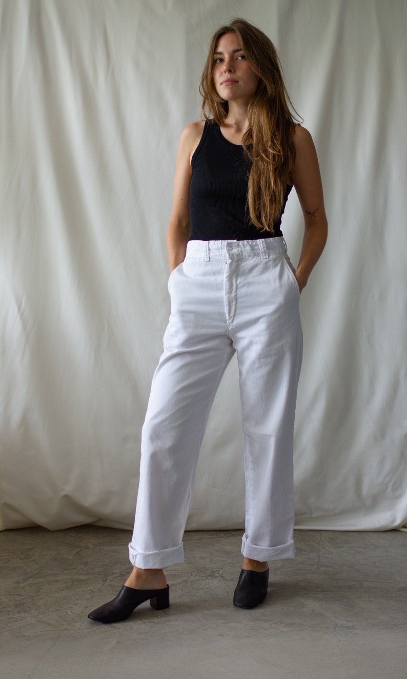 Vintage 27 28 Waist White Chino Pant Unisex High Waist 60s Cotton Chinos Made in USA Pants Zipper Fly image 1