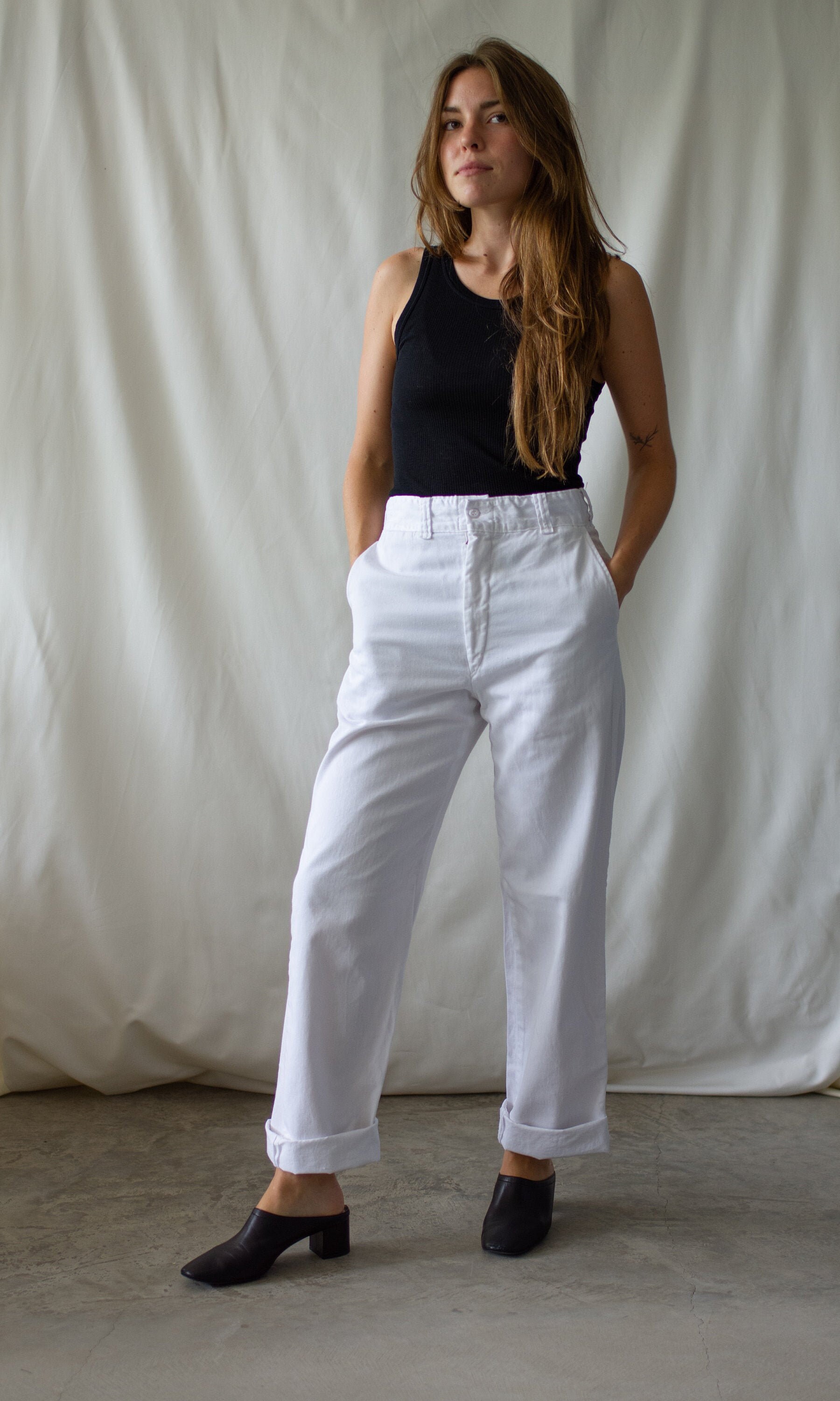 Vintage 27 28 Waist White Chino Pant | Unisex High Waist 60s