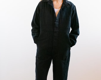Vintage 40s Overdye Black Cotton Coverall | Jump Suit Jumpsuit | Unisex Canada Onesie Mechanic | Boilersuit Boiler Suit | S M | BC028