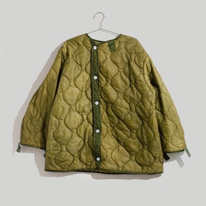 Vintage Long Green Liner Jacket White Buttons Wavy Quilted Nylon Coat L XL LI100 image 9