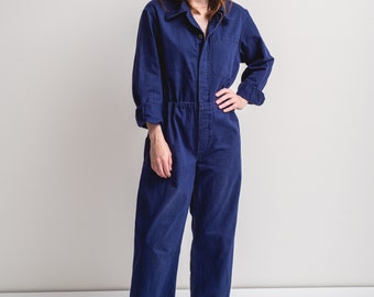 Vintage Navy Blue Jumpsuit | Unisex European Herringbone Twill Cotton Coverall Mechanic Suit Boilersuit Onesie | S M | 44 48