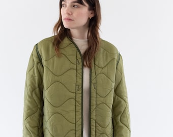 Vintage Celery Green Liner Jacket | Unisex Wavy Quilted Nylon Coat | S | LI256