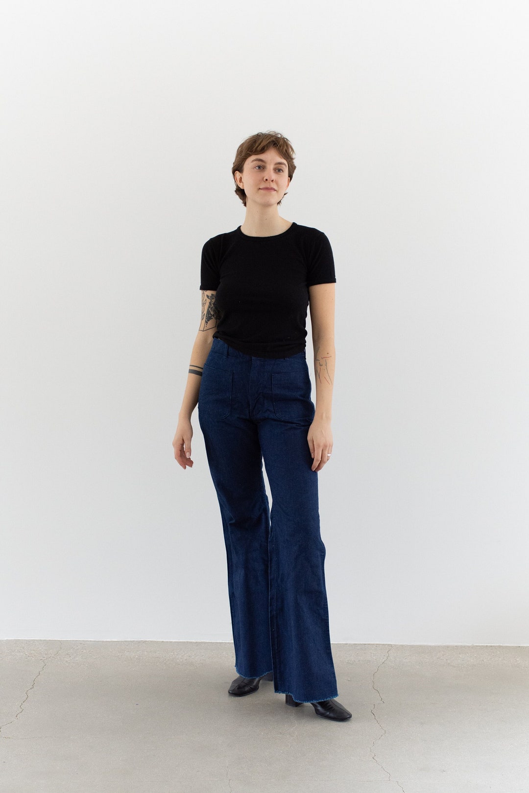 70's Ultra High Rise Denim Flare Jeans by Blue Spirit