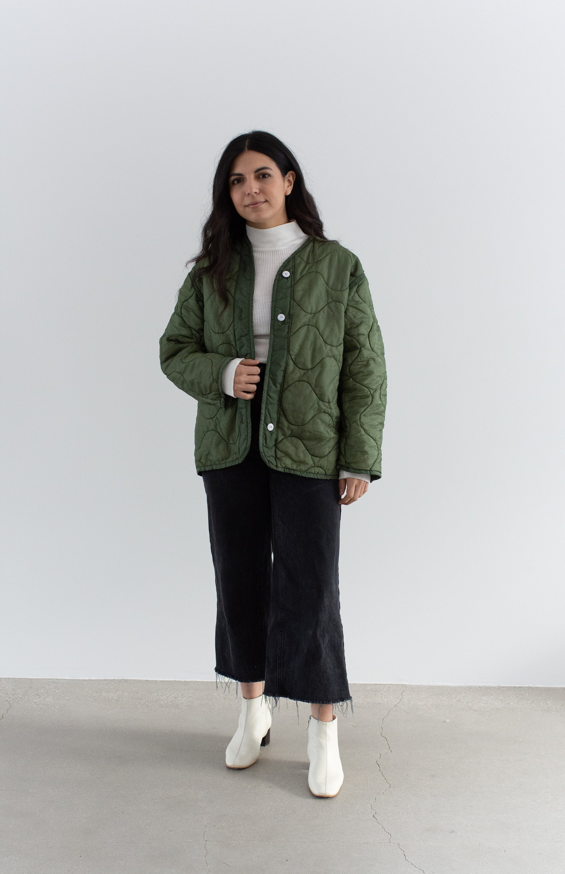 Vintage Green Liner Jacket White Buttons Wavy Quilted - Etsy Israel