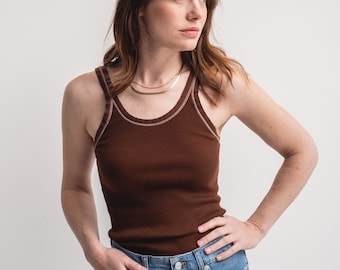 The Siena Tank in Chocolate Brown | Vintage Rib Knit Tank | Ribbed top 100% Cotton Undershirt Singlet | XS S