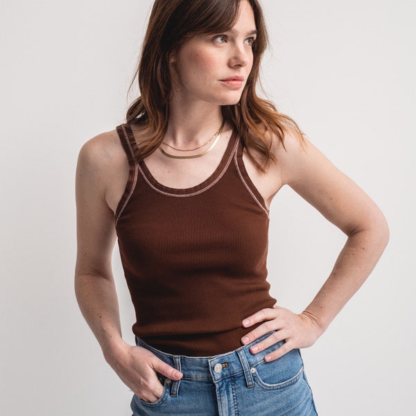 The Siena Tank in Chocolate Brown | Vintage Rib Knit Tank | Ribbed top 100% Cotton Undershirt Singlet | XS S