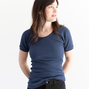 The Berlin Tee in Slate Blue | Vintage Ribbed Tee T Shirt | Rib Knit Tee | 100% Cotton | XS S