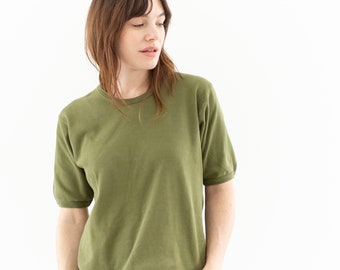 Vintage Pea Green T-Shirt | Unisex Banded Sleeve 80s Worn Tee Shirt | 100% Cotton | S | GT004