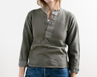 Vintage Gray Crop Waffleknit Henley Thermal | Made in Sweden Waffle Shirt | XXS XS | TH50