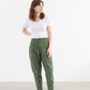 Vintage 30 Waist Olive Green Army Pants Unisex Utility Fatigues Military Trouser Zipper Fly F487 image 2