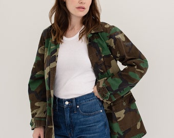 Vintage Faded Green Ripstop Camo Jacket | Camouflage Cotton Button Up | XS S M L |