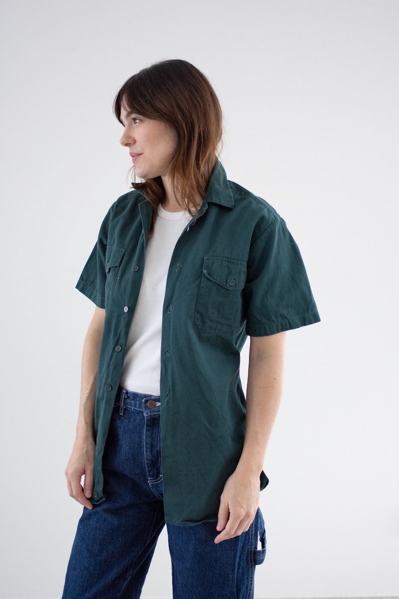 Vintage Dark Teal Short Sleeve Work Shirt Unisex Narrow 60s Cotton OverShirt Made in USA XS image 3