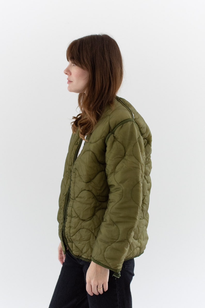 Vintage Green Liner Jacket Unisex Wavy Quilted Nylon Coat S LI206 image 6