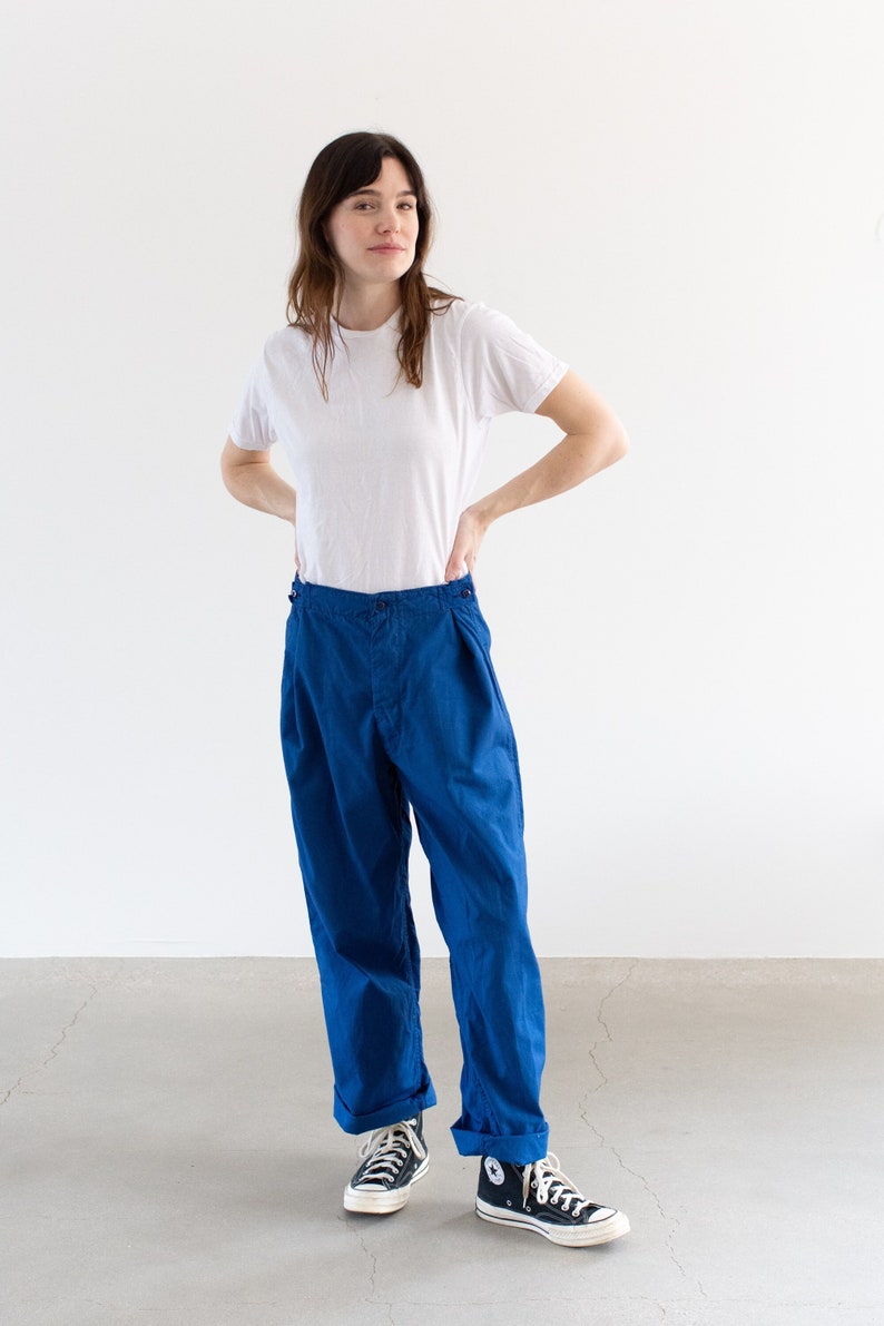 Vintage 29-41 Waist Matisse Blue Workwear Trousers Unisex Lightweight High Waist Cotton Pants Bright Blue Chino Waist 29-35" Waist