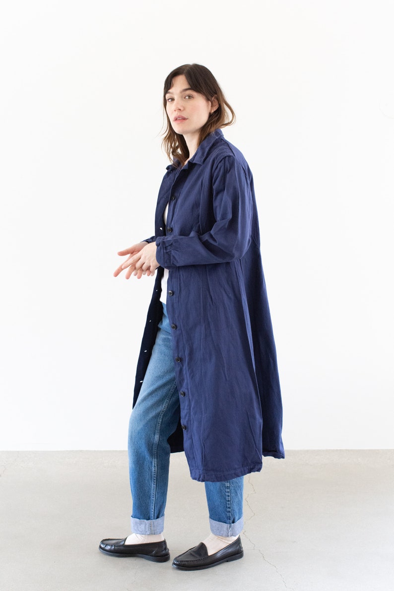 Vintage Navy Blue Trench Coat Unisex Belted Duster Jacket Made in Italy M image 8