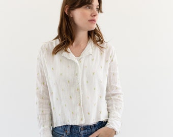 Vintage White Cotton Micro Floral Romantic Blouse | Pink Flower Crochet Edge Shirt | XS S |
