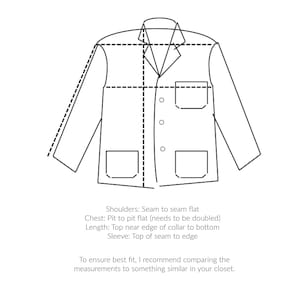 May include: Line drawing of a jacket with a button closure, two pockets, and a collar. The drawing includes measurements for the shoulders, chest, length, and sleeve.