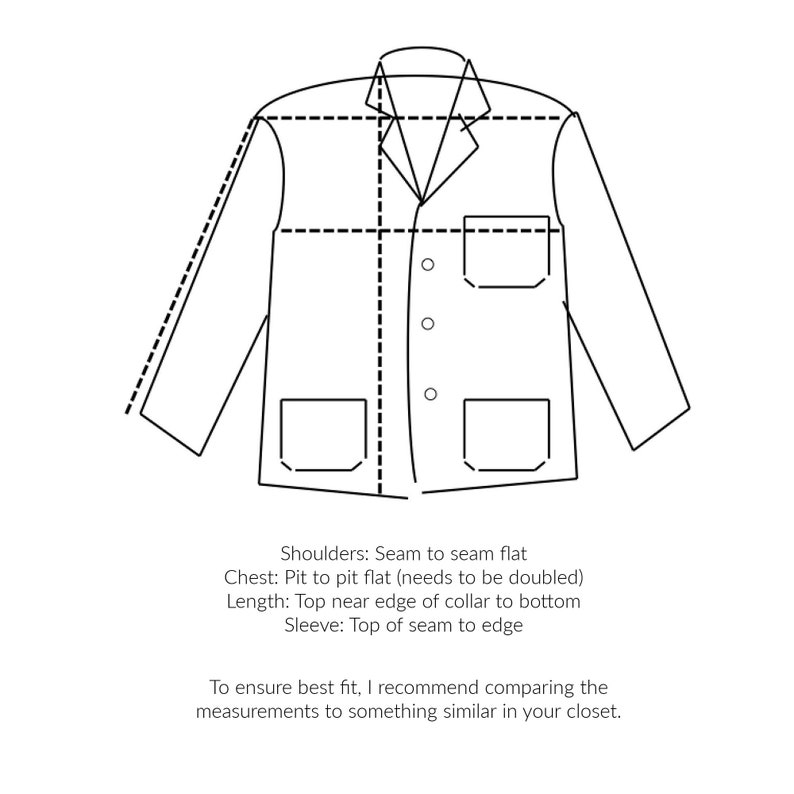 May include: Line drawing of a jacket with a button closure, two pockets, and a collar. The drawing includes measurements for the shoulders, chest, length, and sleeve.