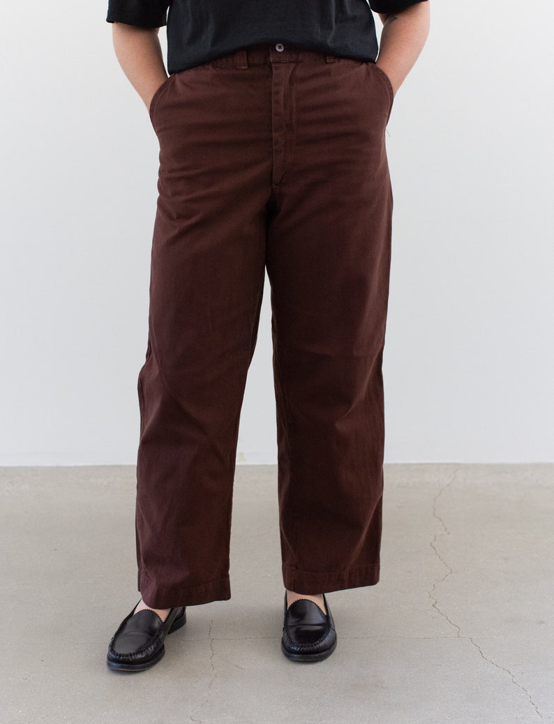 Vintage 30 31 32 33 34 35 36 37 Waist Overdye Hickory Brown Cotton Twill Chinos UNISEX High Waist Straight Leg Trouser Pants image 3