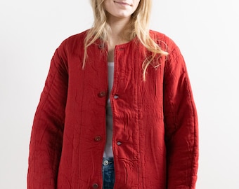 Vintage Mended Paint Overdye Tomato Red Cotton Quilt Jacket | Unisex Round Quilted Puffer | M |